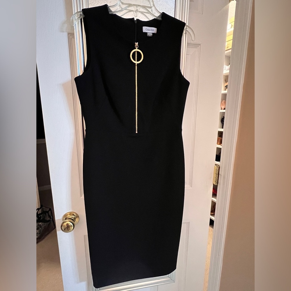 Calvin Klein Black and Gold Plunge Sheath Dress